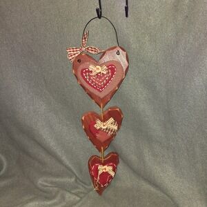 Rustic Primitive Tiered Wooden Hearts Wall Hanging Barn Red Gingham Fabric Bow